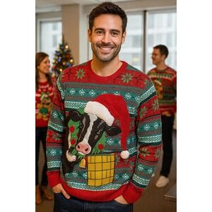 Ugly Christmas Sweater L Santa Cow Farm‎ Holiday Party RedGreen Snowflake Pocket